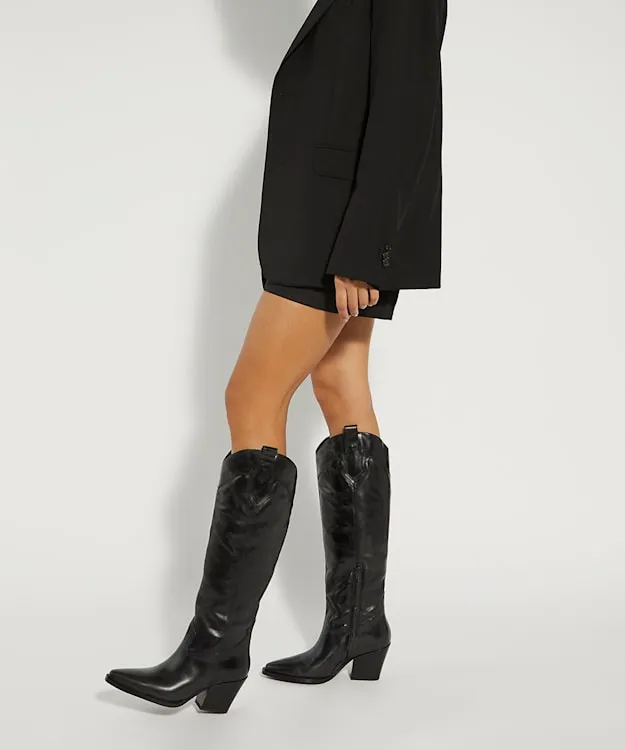 Women Dune London Western Cowboy Boots Leather KneeHigh Western Boots Black