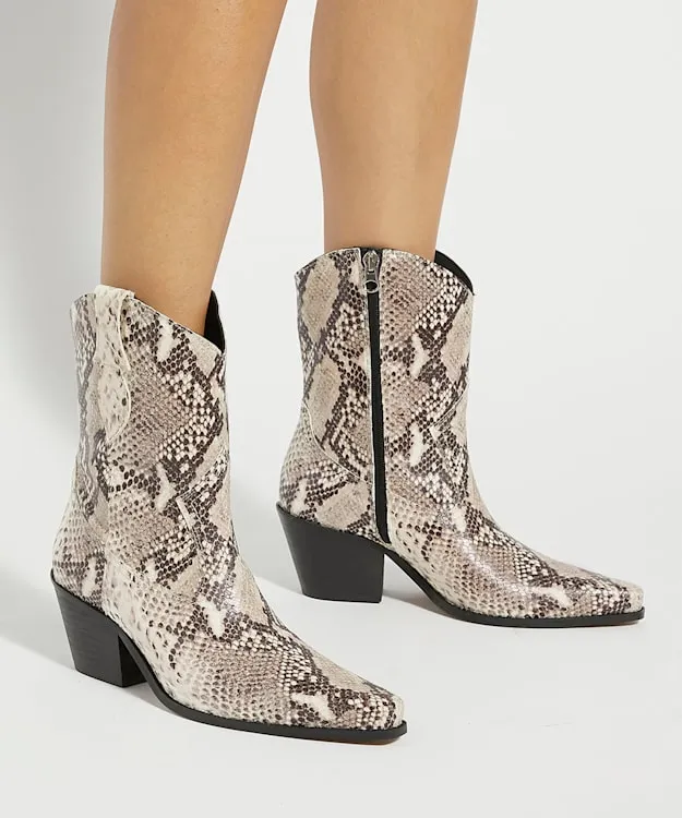 Women Dune London Western Cowboy Boots Reptile Leather Western Boots Neutral