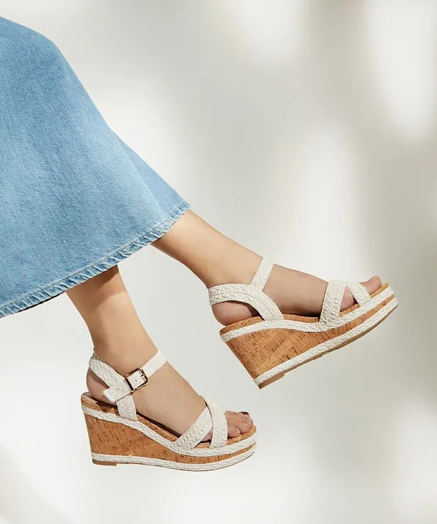 Women Dune London Wide Fit Sandals Wide Fit WovenStrap Wedge Sandals White