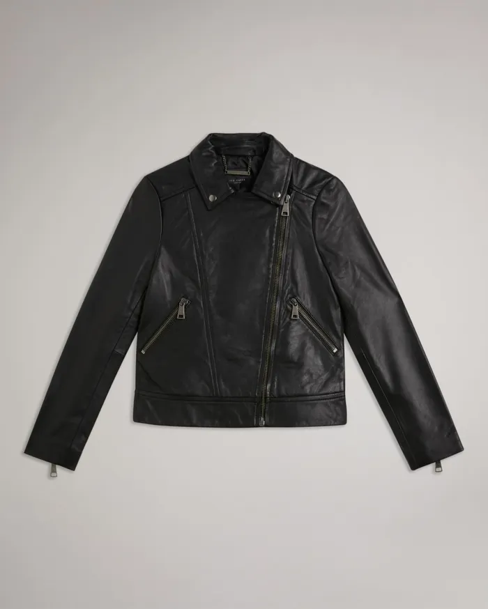 Women ELLAAR 8211 Fitted Leather Biker Jacket Black Ted Baker Coats and Jackets