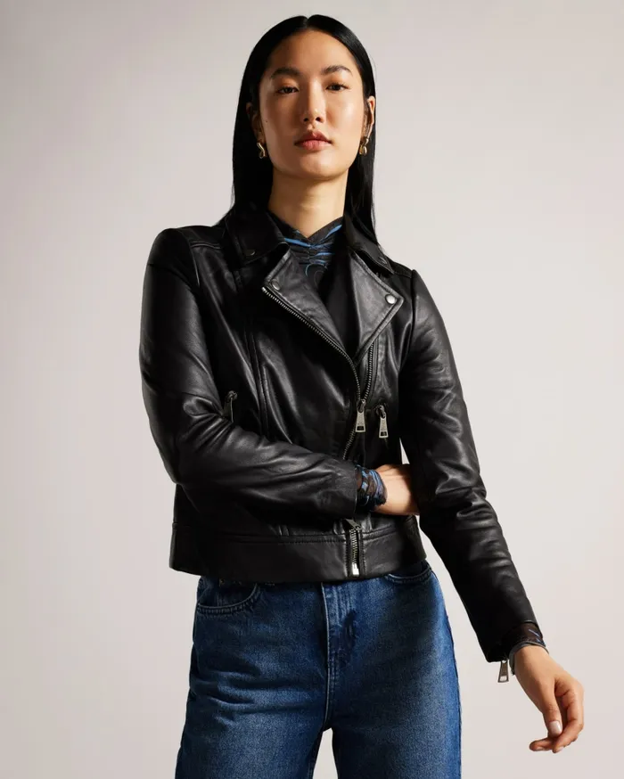Women ELLAAR 8211 Fitted Leather Biker Jacket Black Ted Baker Coats and Jackets