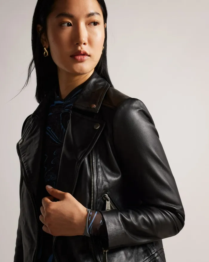 Women ELLAAR 8211 Fitted Leather Biker Jacket Black Ted Baker Coats and Jackets