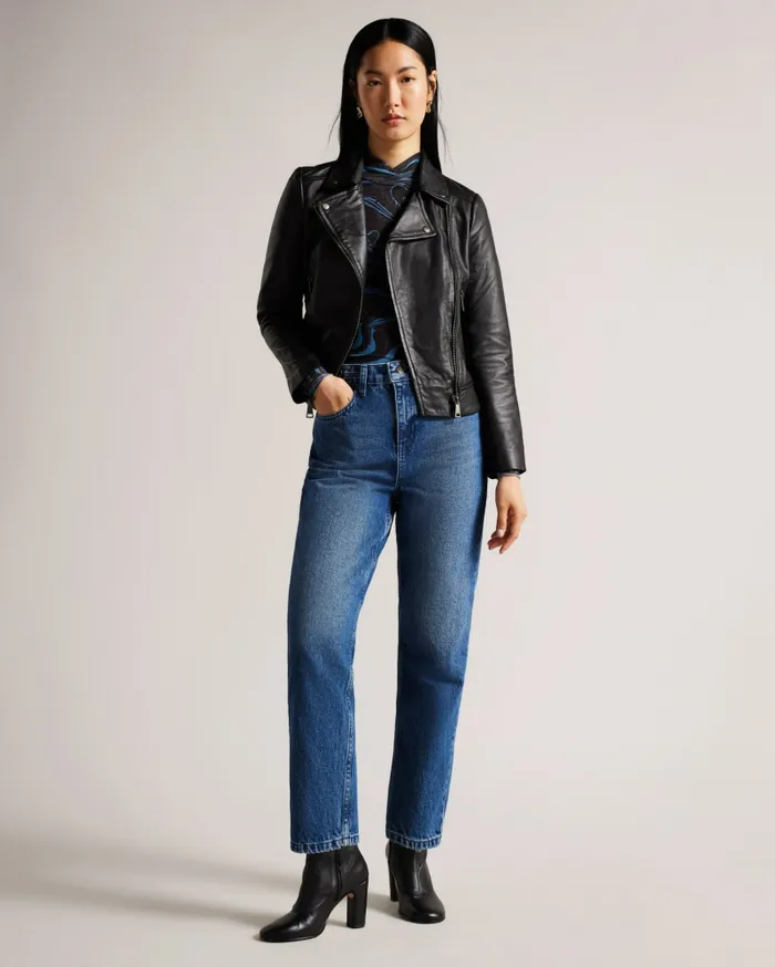 Women ELLAAR 8211 Fitted Leather Biker Jacket Black Ted Baker Coats and Jackets