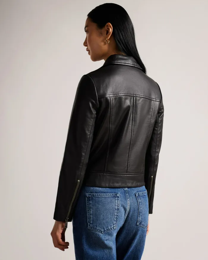 Women ELLAAR 8211 Fitted Leather Biker Jacket Black Ted Baker Coats and Jackets