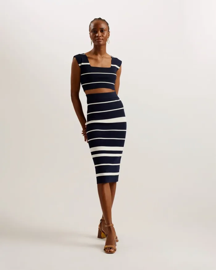 Women ELLLE 8211 Striped Knit Crop Top Navy Ted Baker Jumpers and Cardigans