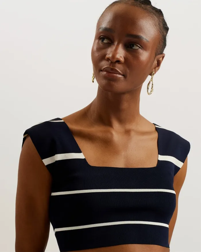 Women ELLLE 8211 Striped Knit Crop Top Navy Ted Baker Jumpers and Cardigans