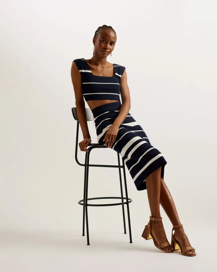 Women ELLLE 8211 Striped Knit Crop Top Navy Ted Baker Jumpers and Cardigans