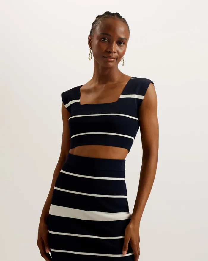 Women ELLLE 8211 Striped Knit Crop Top Navy Ted Baker Jumpers and Cardigans