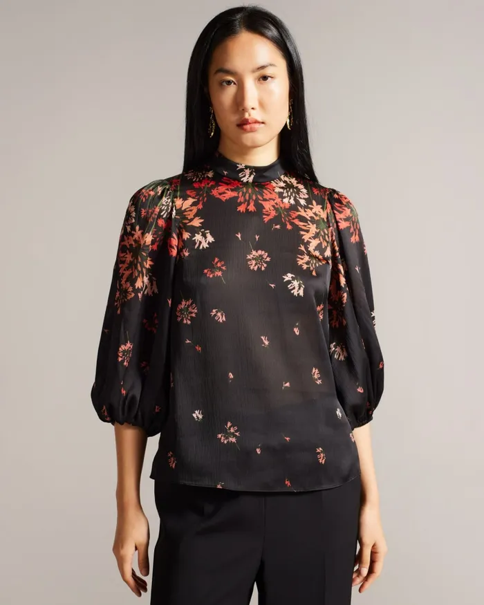 Women ERANTHE 8211 High Neck Balloon Sleeve Blouse Black Ted Baker Tops and Blouses