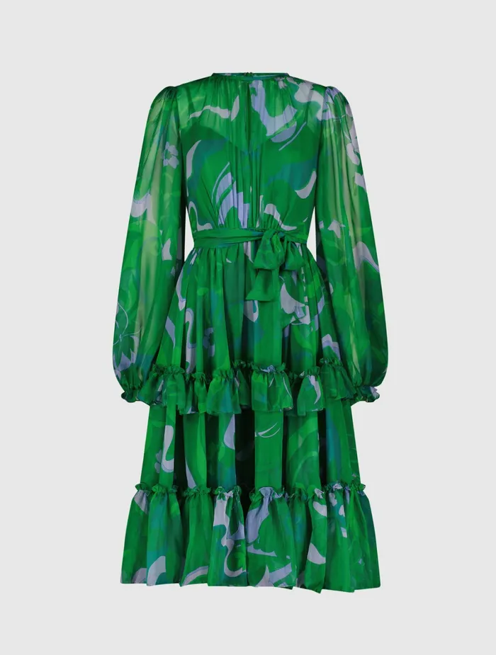 Women Every Day Dresses Mac Duggal Green Printed Chiffon Bishop Sleeve Tie Waisted Ruffle Midi Dress Green Multi