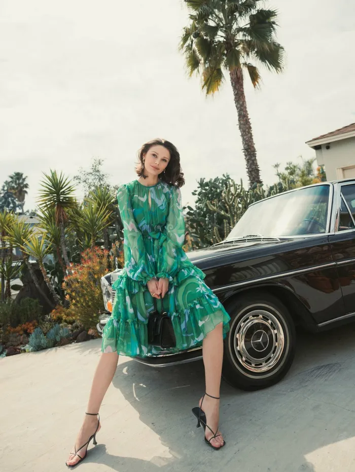 Women Every Day Dresses Mac Duggal Green Printed Chiffon Bishop Sleeve Tie Waisted Ruffle Midi Dress Green Multi