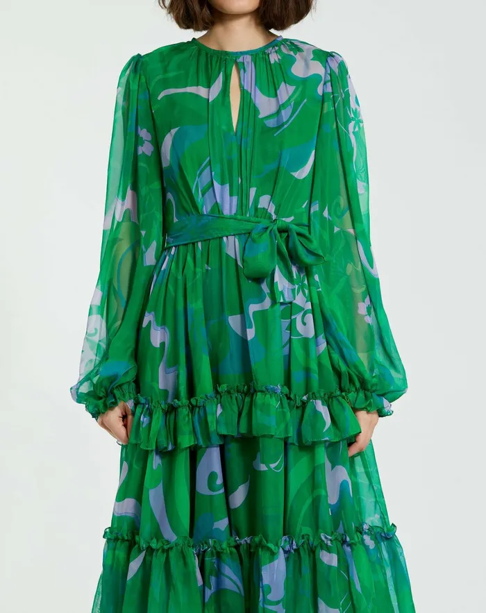 Women Every Day Dresses Mac Duggal Green Printed Chiffon Bishop Sleeve Tie Waisted Ruffle Midi Dress Green Multi