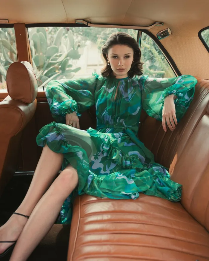 Women Every Day Dresses Mac Duggal Green Printed Chiffon Bishop Sleeve Tie Waisted Ruffle Midi Dress Green Multi