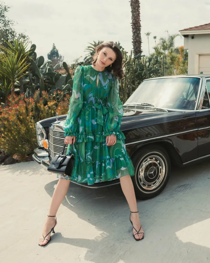 Women Every Day Dresses Mac Duggal Green Printed Chiffon Bishop Sleeve Tie Waisted Ruffle Midi Dress Green Multi