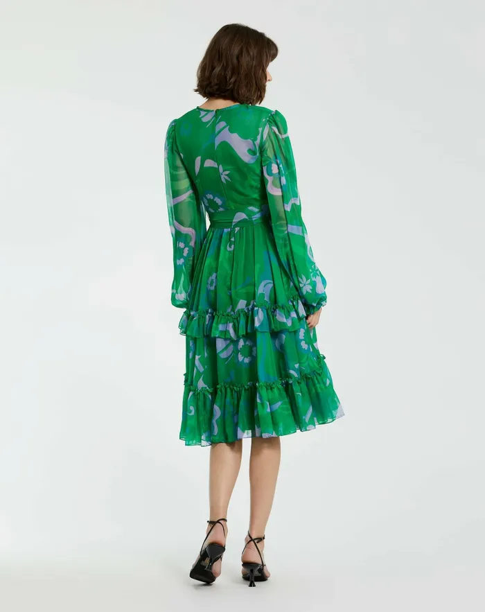 Women Every Day Dresses Mac Duggal Green Printed Chiffon Bishop Sleeve Tie Waisted Ruffle Midi Dress Green Multi