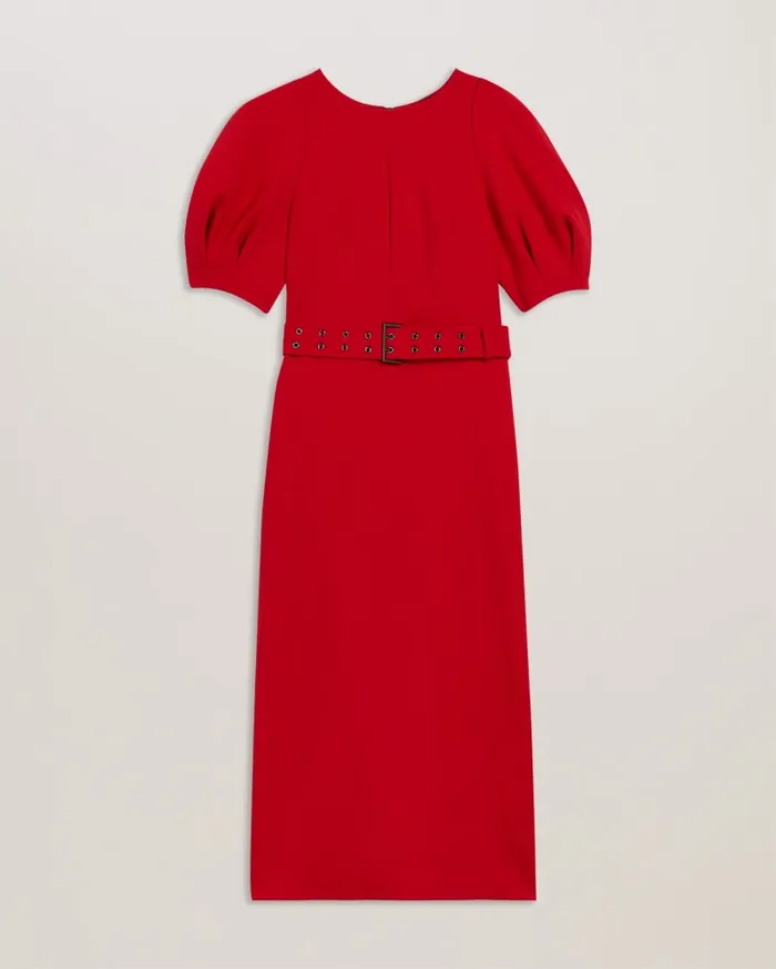 Women GABYELA 8211 Puff Sleeve Midi Dress With Belt Red Ted Baker Dresses
