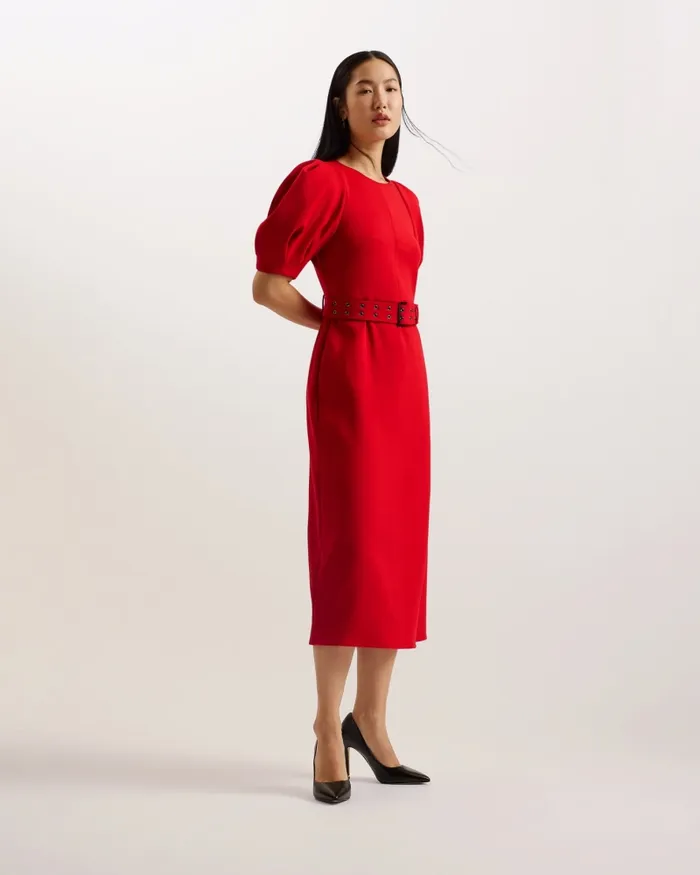 Women GABYELA 8211 Puff Sleeve Midi Dress With Belt Red Ted Baker Dresses