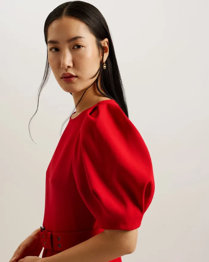 Women GABYELA 8211 Puff Sleeve Midi Dress With Belt Red Ted Baker Dresses