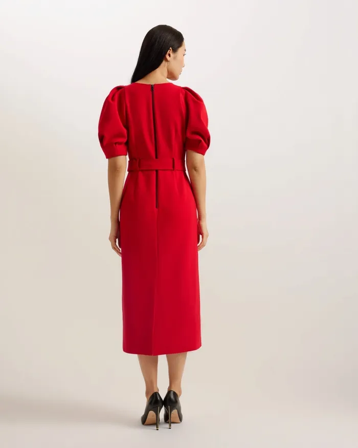 Women GABYELA 8211 Puff Sleeve Midi Dress With Belt Red Ted Baker Dresses