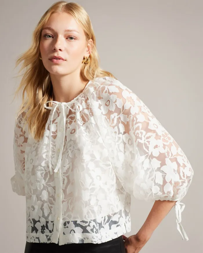 Women GILLOU 8211 Puff Sleeve Blouse With Tie Detail White Ted Baker Tops and Blouses