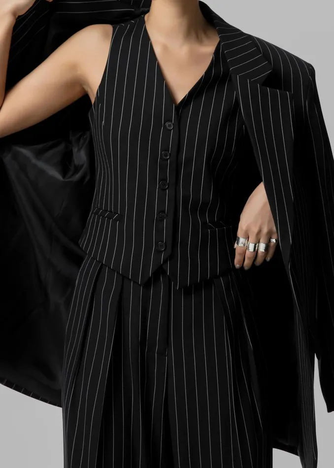 Women Holland Pleated Trousers 8211 BlackWhite Pinstripe The Frankie Shop Bottoms