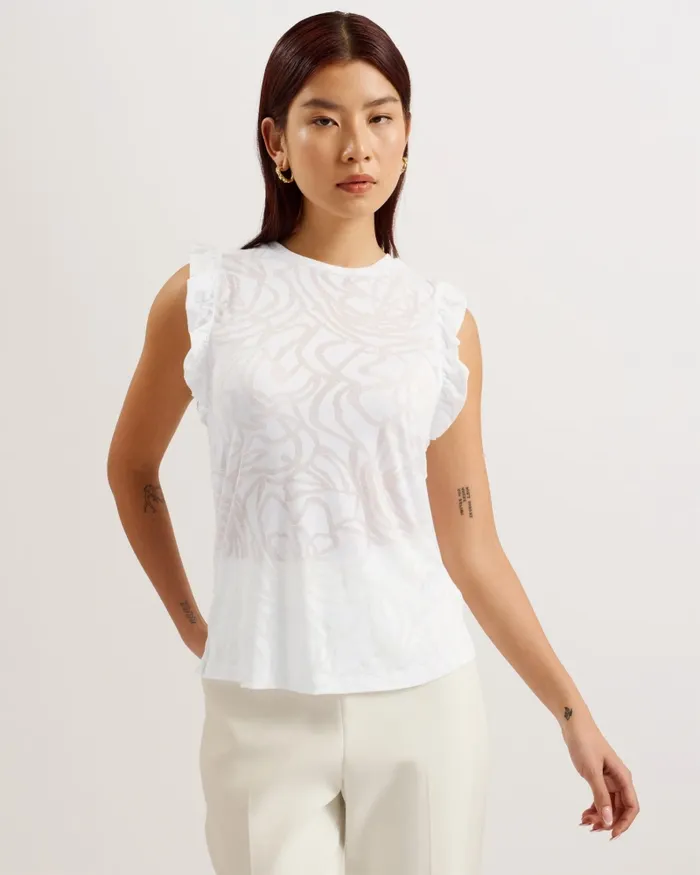 Women IILAA 8211 Frill Sleeve Burnout Pattern Top White Ted Baker Tops and Blouses Women IILAA 8211 Frill Sleeve Burnout Pattern Top White Ted Baker Tops and Blouses