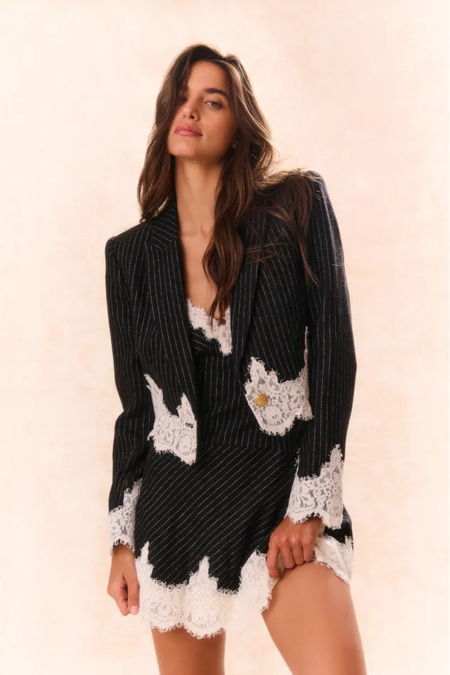 Women Jackets and Coats LoveShackFancy Icarus Pinstriped LaceDetailed Jacket Night Shadow