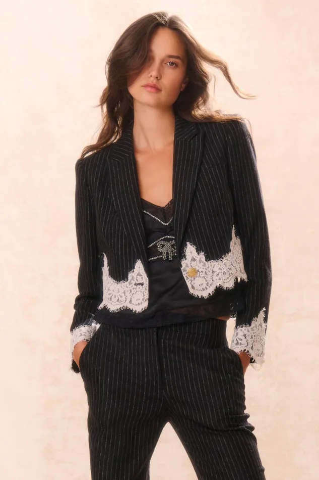 Women Jackets and Coats LoveShackFancy Icarus Pinstriped LaceDetailed Jacket Night Shadow
