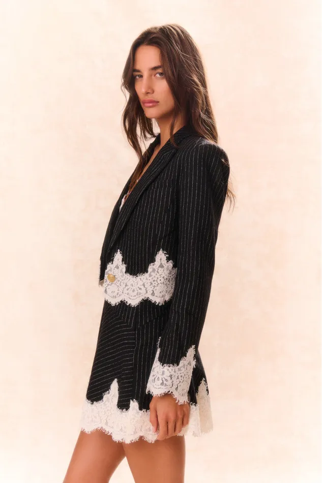 Women Jackets and Coats LoveShackFancy Icarus Pinstriped LaceDetailed Jacket Night Shadow
