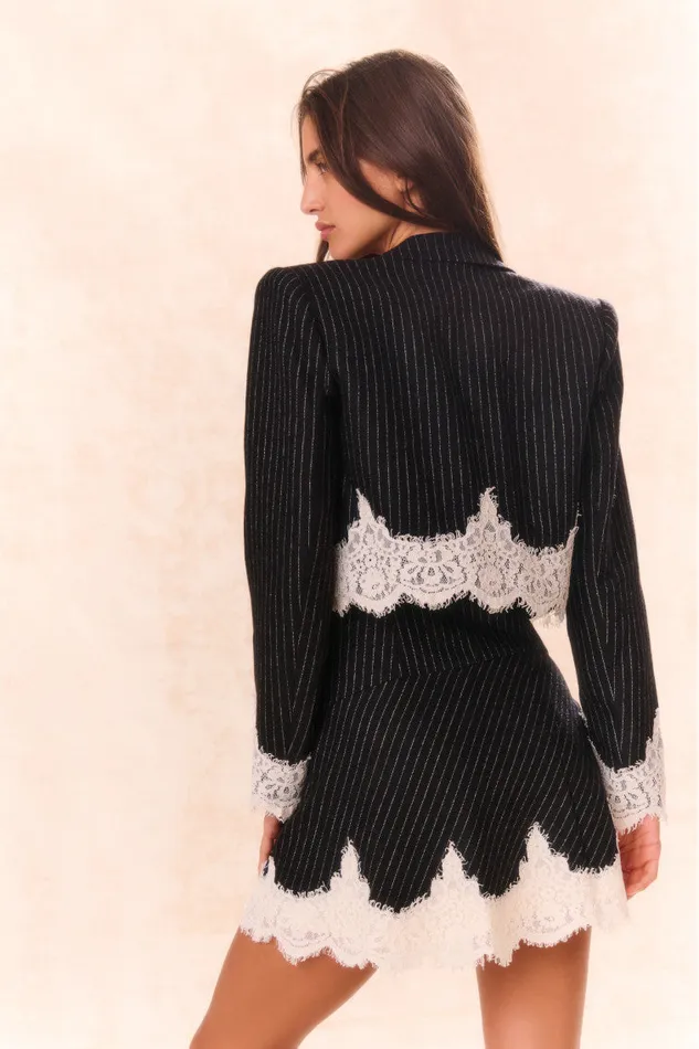 Women Jackets and Coats LoveShackFancy Icarus Pinstriped LaceDetailed Jacket Night Shadow