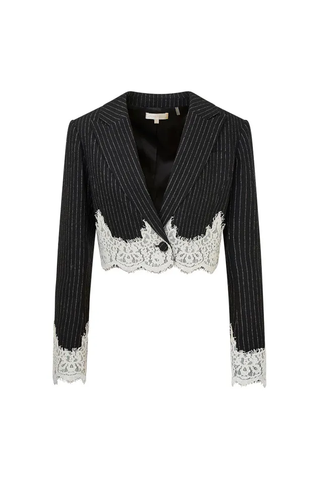 Women Jackets and Coats LoveShackFancy Icarus Pinstriped LaceDetailed Jacket Night Shadow