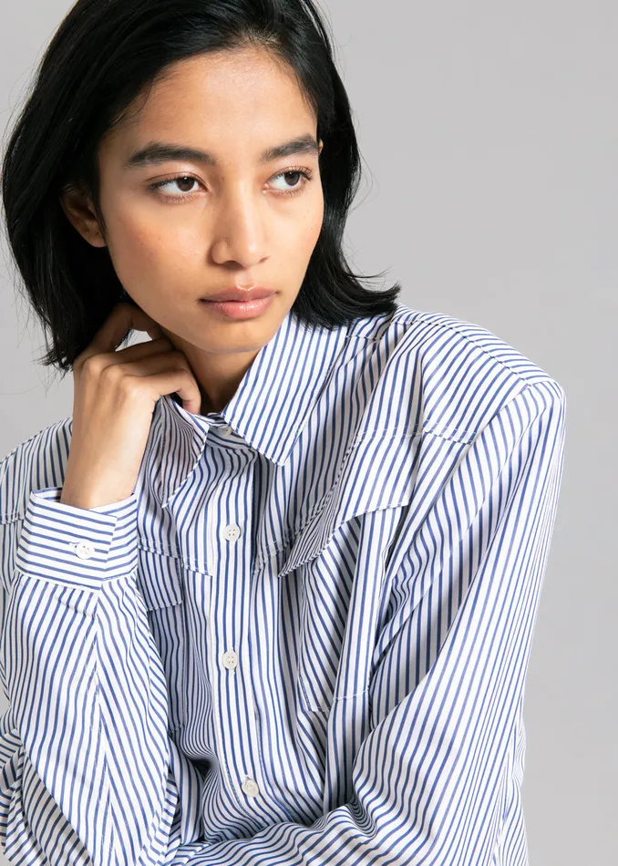 Women Jeanne Padded Shirt 8211 Navy Stripe The Frankie Shop Tops