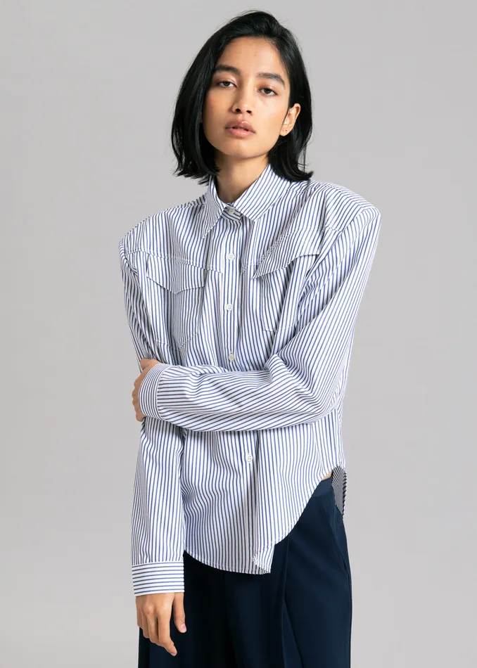 Women Jeanne Padded Shirt 8211 Navy Stripe The Frankie Shop Tops