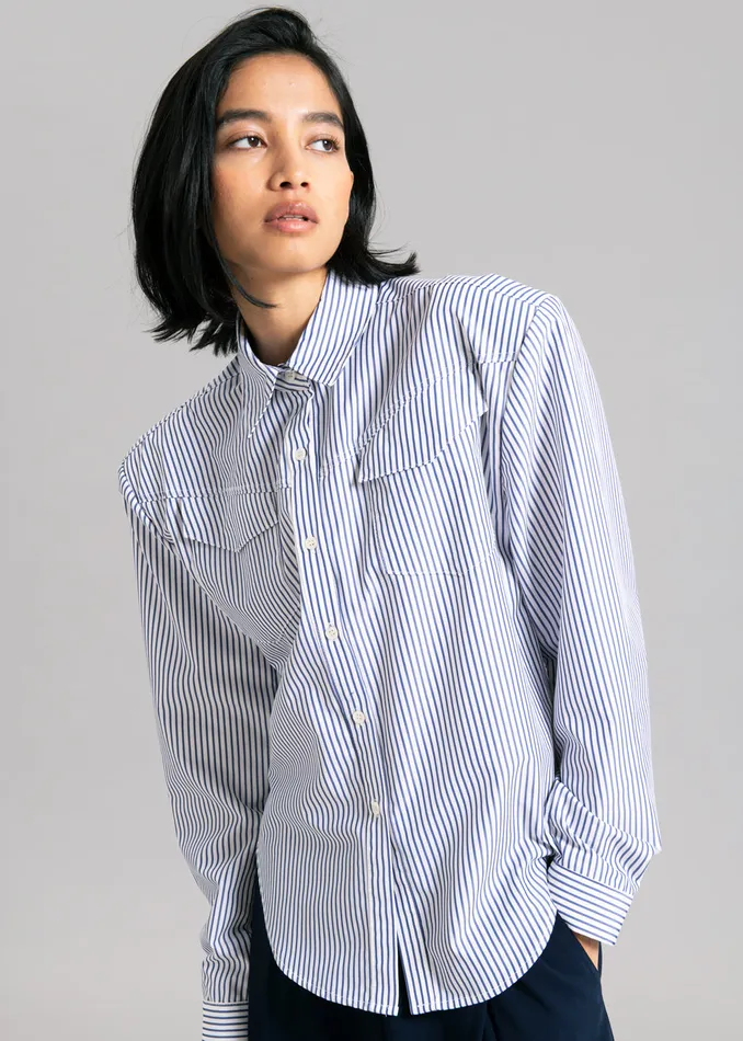 Women Jeanne Padded Shirt 8211 Navy Stripe The Frankie Shop Tops