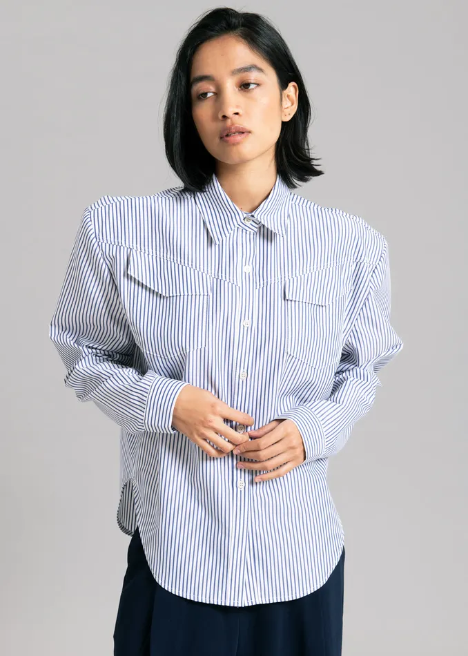 Women Jeanne Padded Shirt 8211 Navy Stripe The Frankie Shop Tops