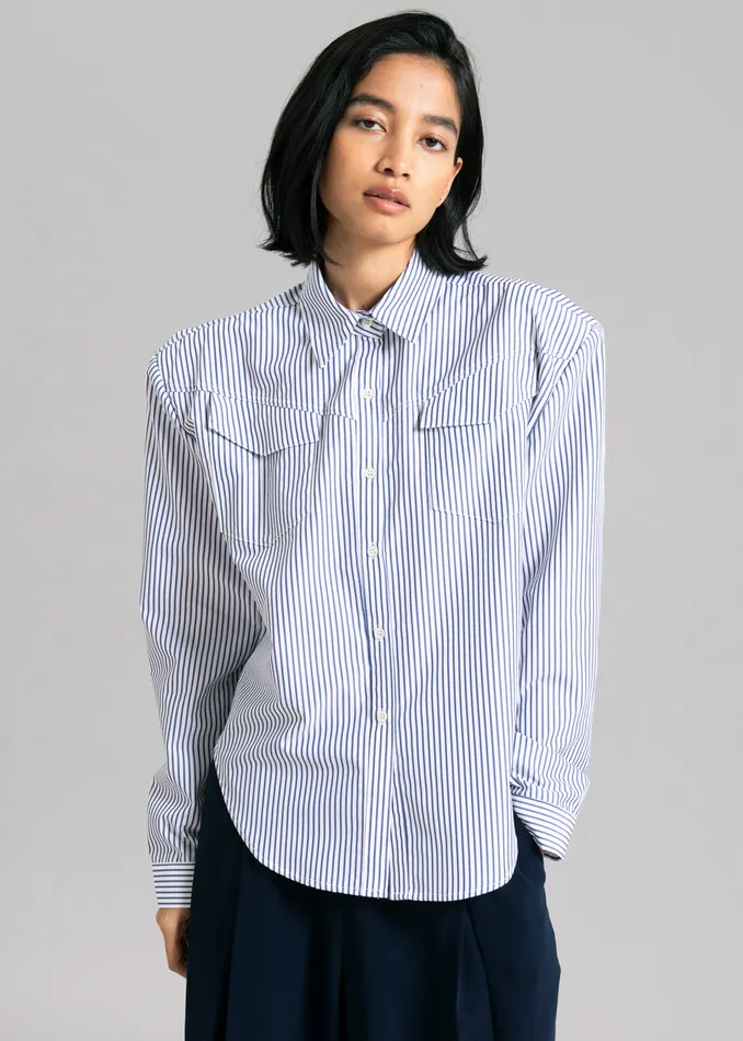 Women Jeanne Padded Shirt 8211 Navy Stripe The Frankie Shop Tops