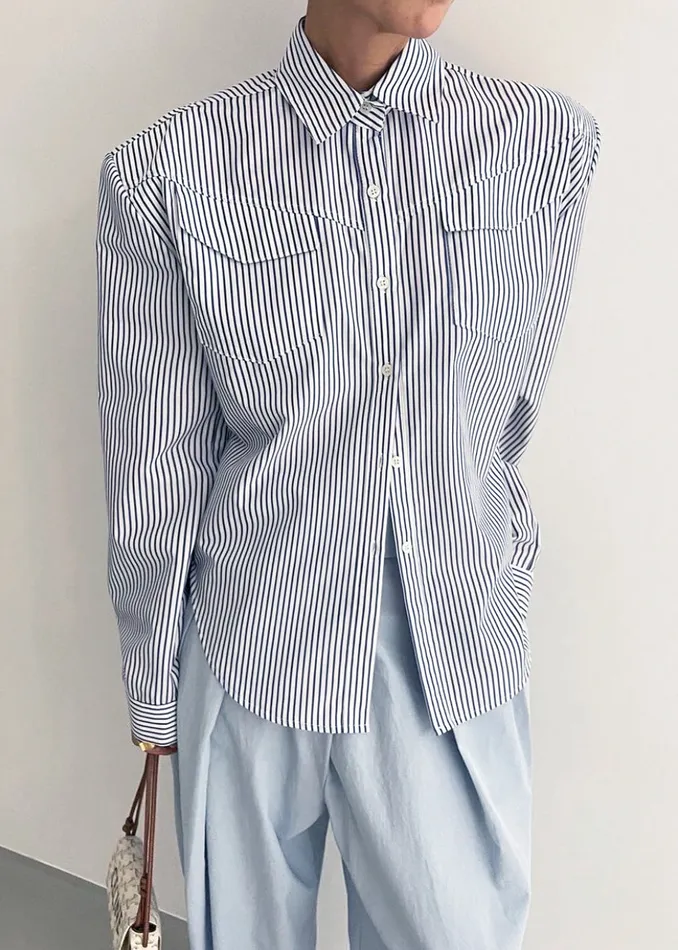 Women Jeanne Padded Shirt 8211 Navy Stripe The Frankie Shop Tops