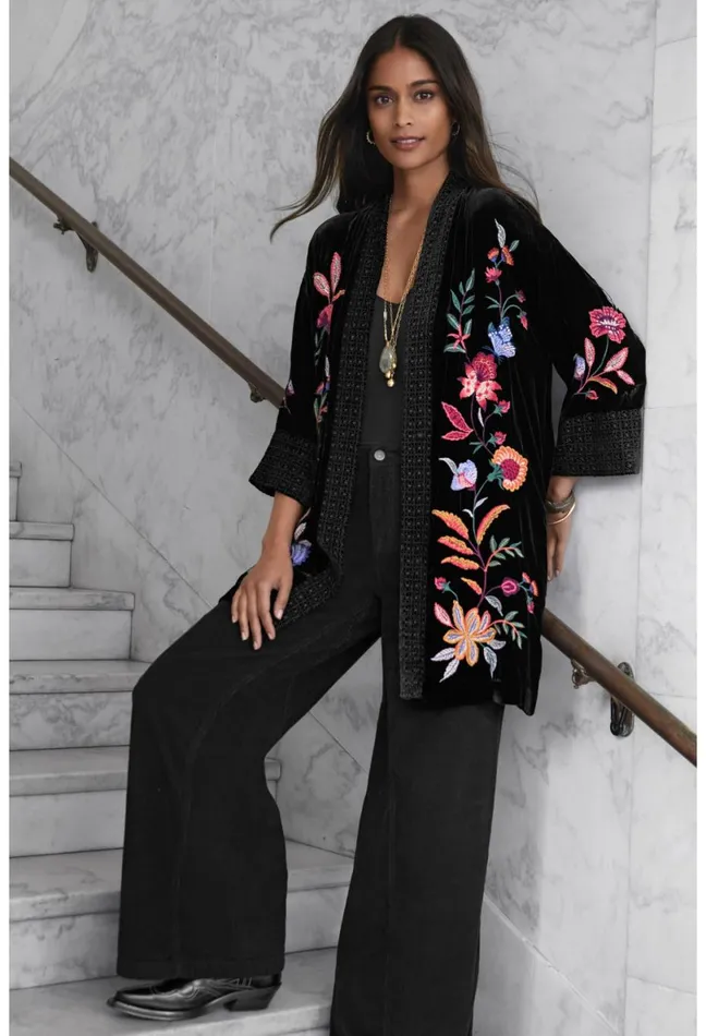 Women Johnny Was Kimonos Sandra Wide Cuff Velvet Kimono Black