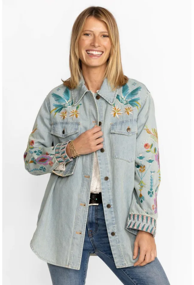Women Johnny Was Outerwear Gabriella Denim Oversized Shirt Jacket Denim Blue