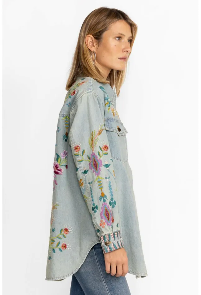 Women Johnny Was Outerwear Gabriella Denim Oversized Shirt Jacket Denim Blue