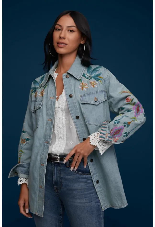 Women Johnny Was Outerwear Gabriella Denim Oversized Shirt Jacket Denim Blue