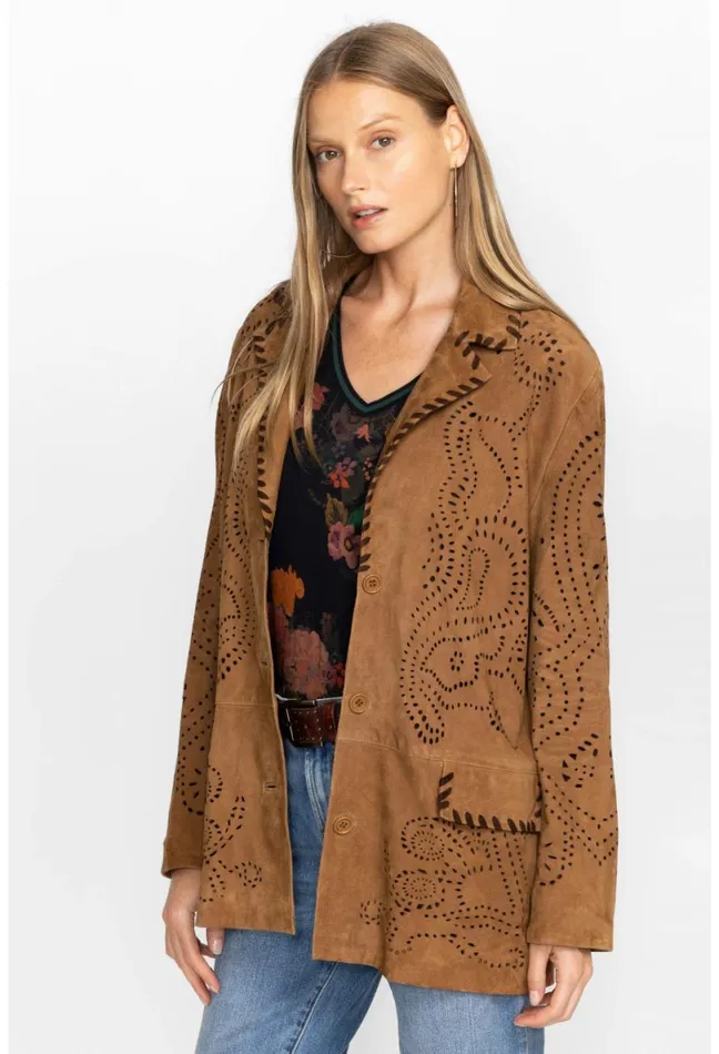 Women Johnny Was Outerwear Laser Cut Suede Whipstitch Blazer Gold