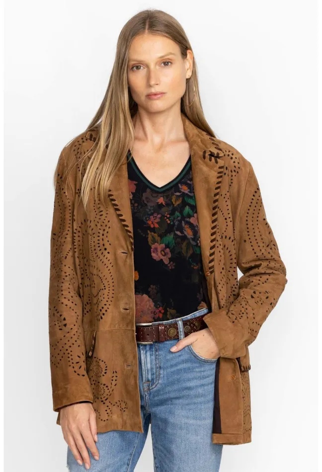 Women Johnny Was Outerwear Laser Cut Suede Whipstitch Blazer Gold