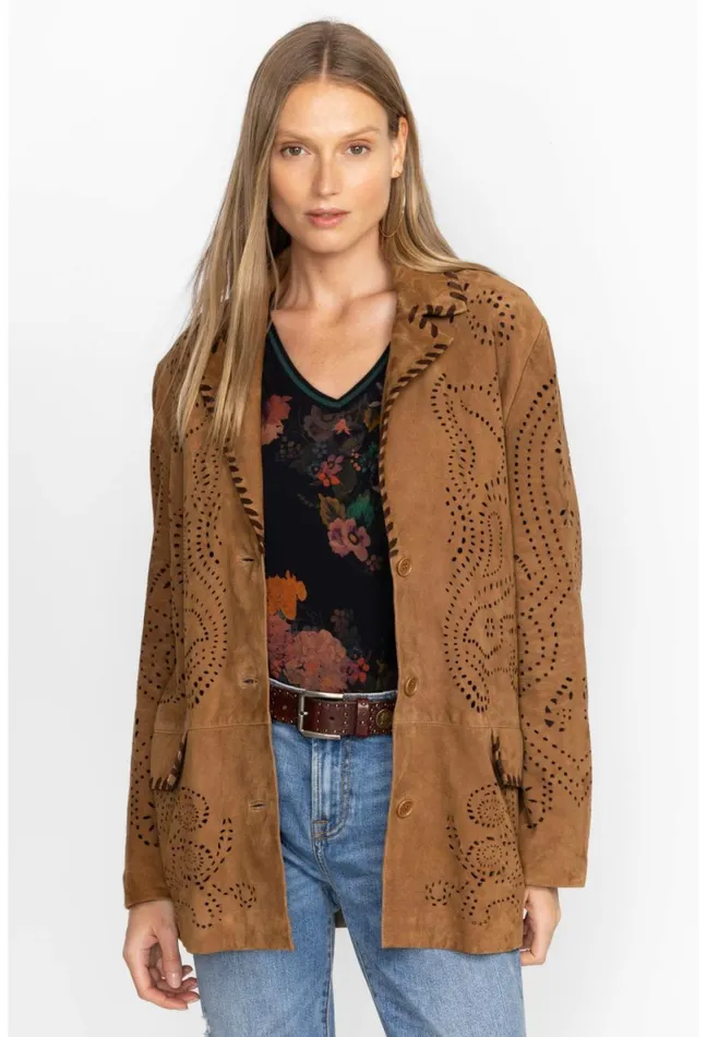 Women Johnny Was Outerwear Laser Cut Suede Whipstitch Blazer Gold