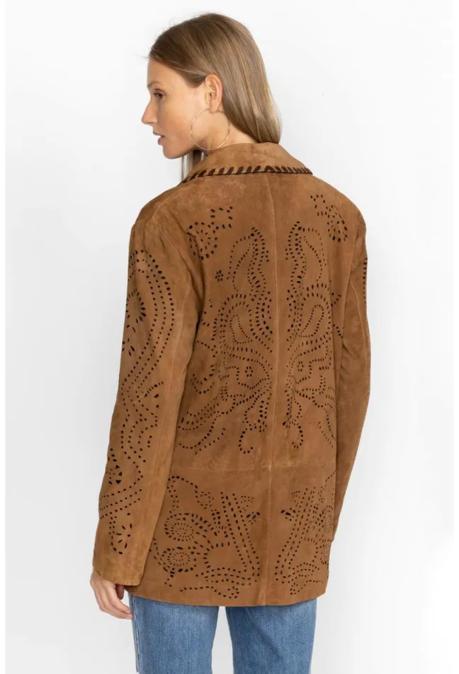 Women Johnny Was Outerwear Laser Cut Suede Whipstitch Blazer Gold