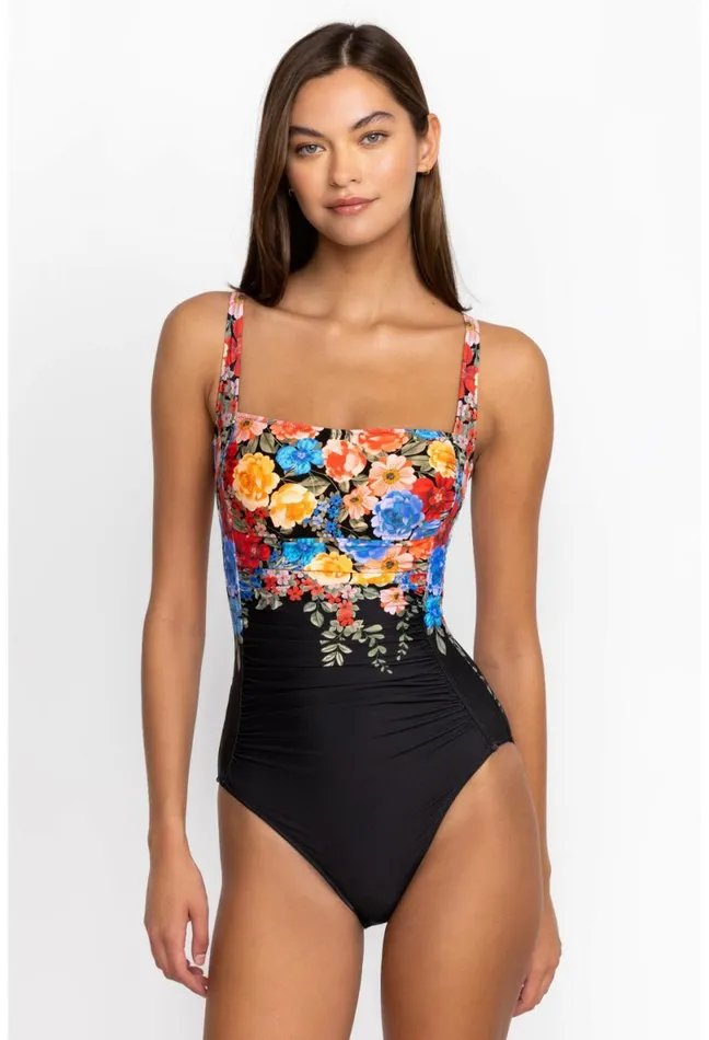 Women Johnny Was Swim and Resort Black Royal Ruched One Piece Multi