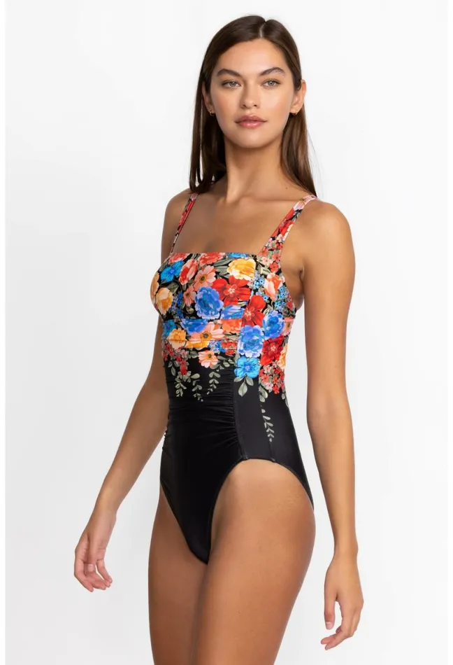 Women Johnny Was Swim and Resort Black Royal Ruched One Piece Multi