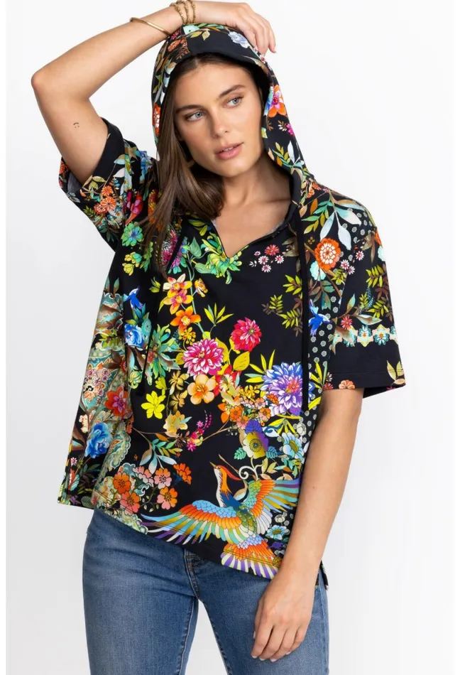 Women Johnny Was Tops Black Dreamer Short Sleeve Notched Pullover Hoodie Dreamer Noir