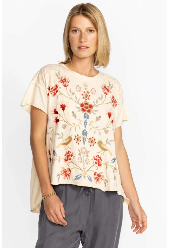 Women Johnny Was Tops Clara Raw Detail Swing Tee Brie