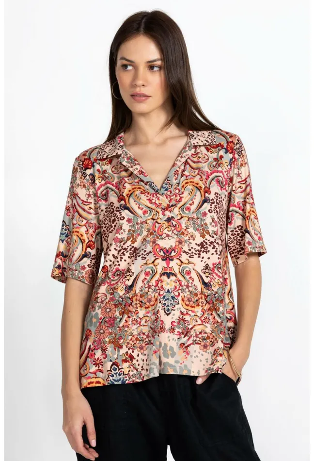 Women Johnny Was Tops Jungle Paisley Polo Swing Tee Jungle Paisley